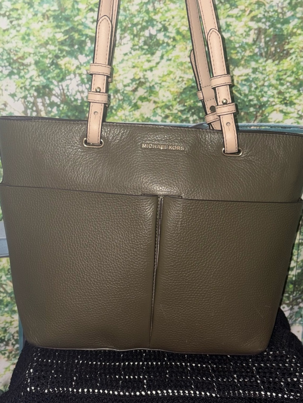 Michael Kors Olive Leather Tote with Beige Straps